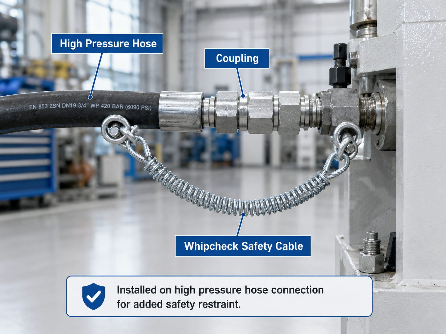 Industrial whipcheck safety cable installed on a high pressure hose connection