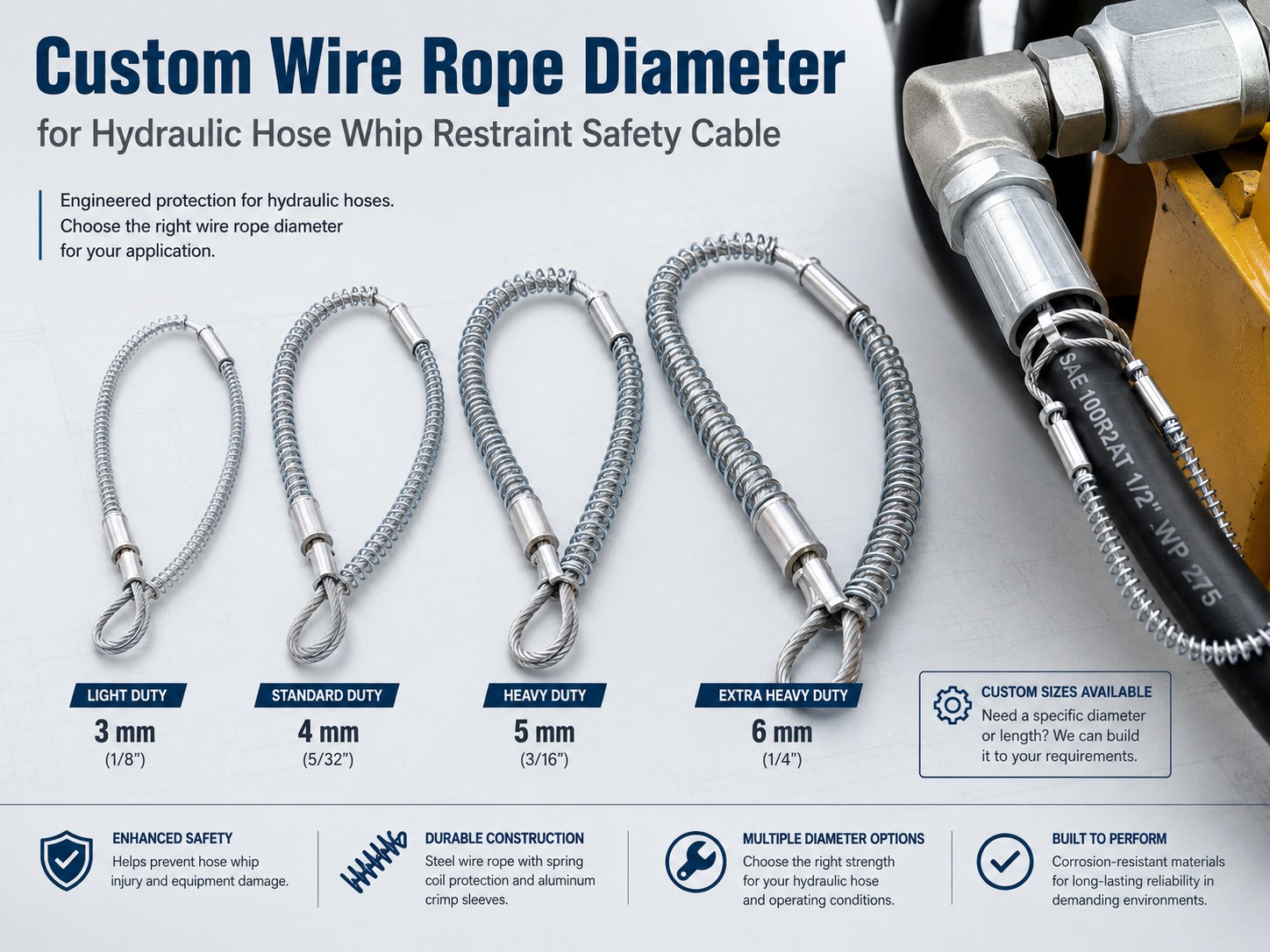 Custom wire rope diameter for retenção de chicotes de mangueira hidráulica safety cable Custom wire rope diameter for retenção de chicotes de mangueira hidráulica safety cable