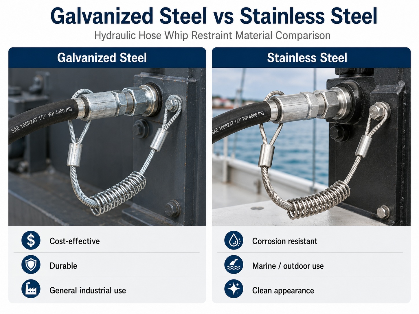 Galvanized steel and stainless steel retenção de chicotes de mangueira hidráulica material comparison Galvanized steel and stainless steel retenção de chicotes de mangueira hidráulica material comparison