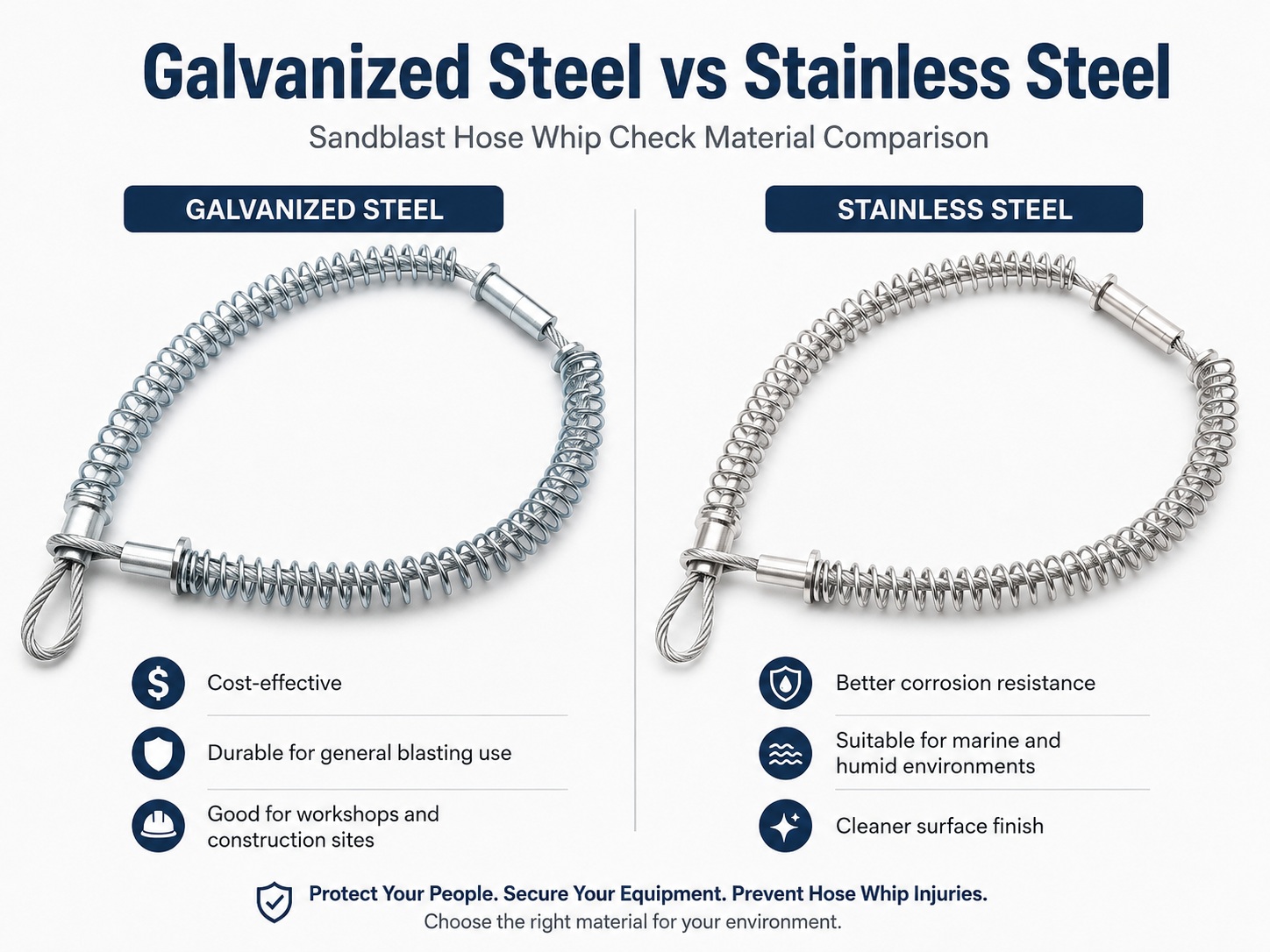 Galvanized steel and stainless steel sAndblast mangueira verificação de chicoteamento material comparison