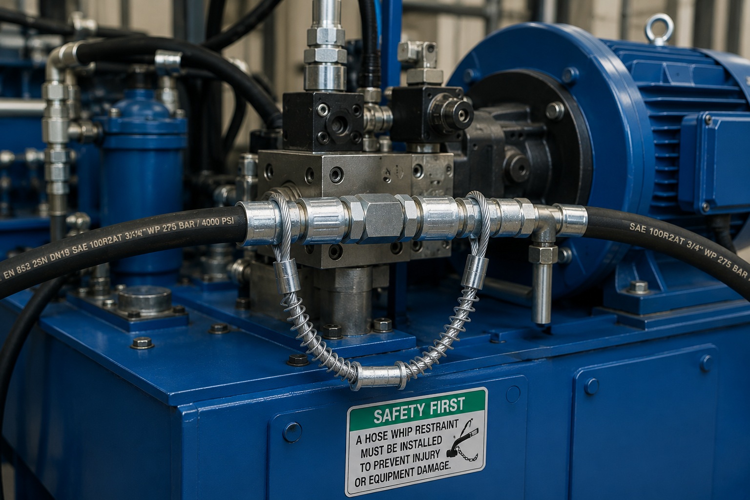 Alta pressure hose restraint installed on industrial hydraulic power unit Alta pressure hose restraint installed on industrial hydraulic power unit