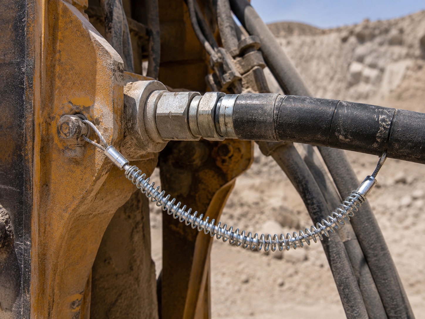 Mining retenção de chicotes de mangueira hidráulica installed on heavy equipment hose connection Mining retenção de chicotes de mangueira hidráulica installed on heavy equipment hose connection